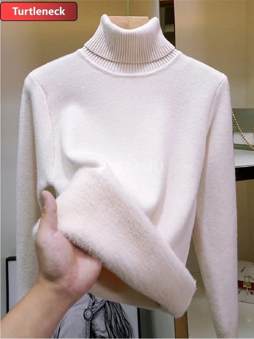 Warm Knit Pullover New Thicken Turtleneck Sweater For Winter Women Casual Slim Plush Lined Soft Long Sleeve Knitwear Jumper Tops basic apricot