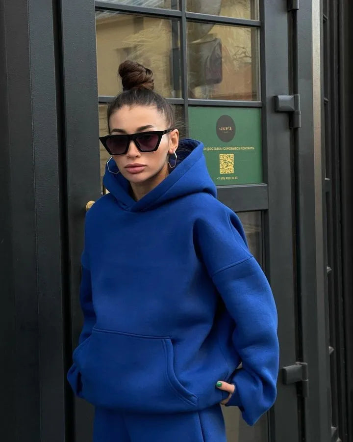 Fashion Women's Sports Two-Piece Autumn Hooded Long-Sleeved And Baggy Pants Fitness Set Solid Color Lady 2-Piece Suit Outfits Blue