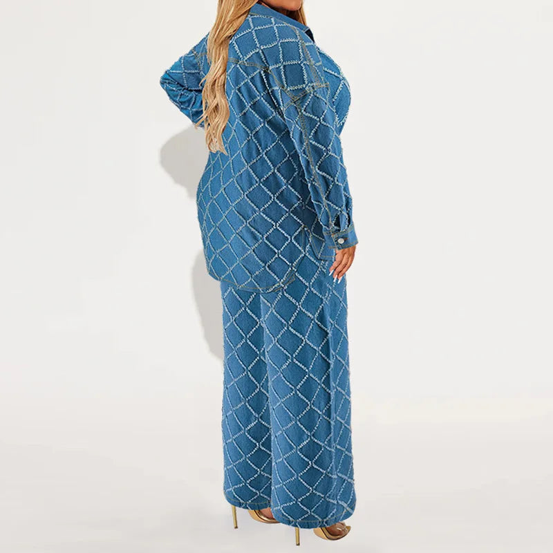 Benuynffy Plus Size Long Sleeve Single Breasted Denim Shirt Jacket And Wide Leg Jeans 2 Piece Sets Woman Outfit Casual 2025 New
