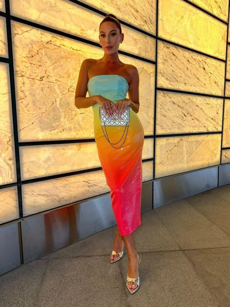 Summer Sexy Strapless Rainbow Sequins Long Dress Women Colorful Sequins Backless Bodycon Dress Cocktail Party Club Dresses