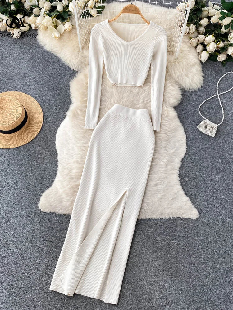SINGREINY Autumn Sweater Two Pieces Suits Long Sleeves Knit Top+ Elatic Waist Slim Split Long Skirt Sets Women Warm Knitted Suit white One Size