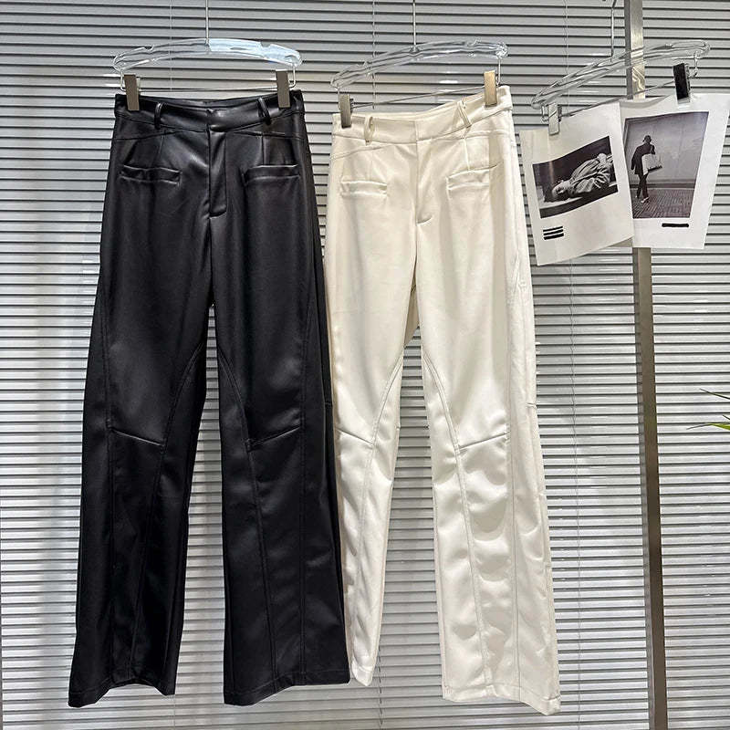 Winter New Trendy Fashion Back Waist Three-Dimensional Bow PU Leather Pants For Women Straight Casual Pants