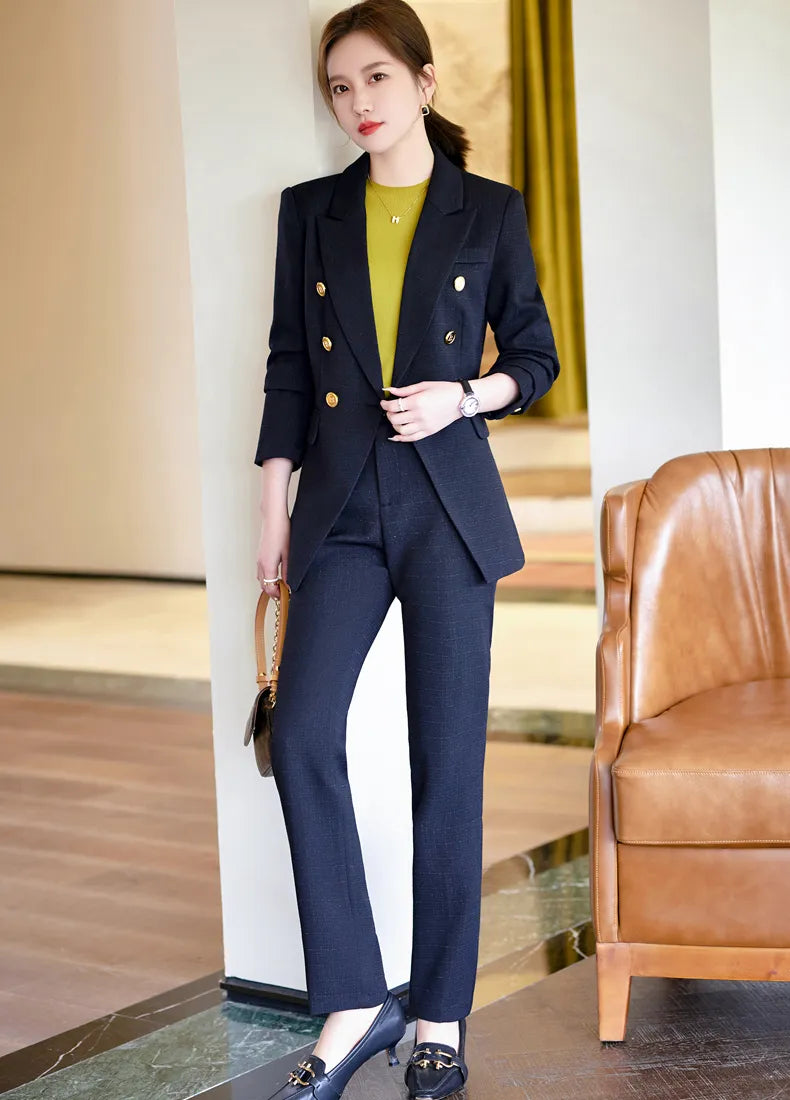 Autumn Winter Formal Ladies Fashion Blazer Women Business Suits with Sets Work Wear Office Casual Pants Jacket Suit Blue blazer pants