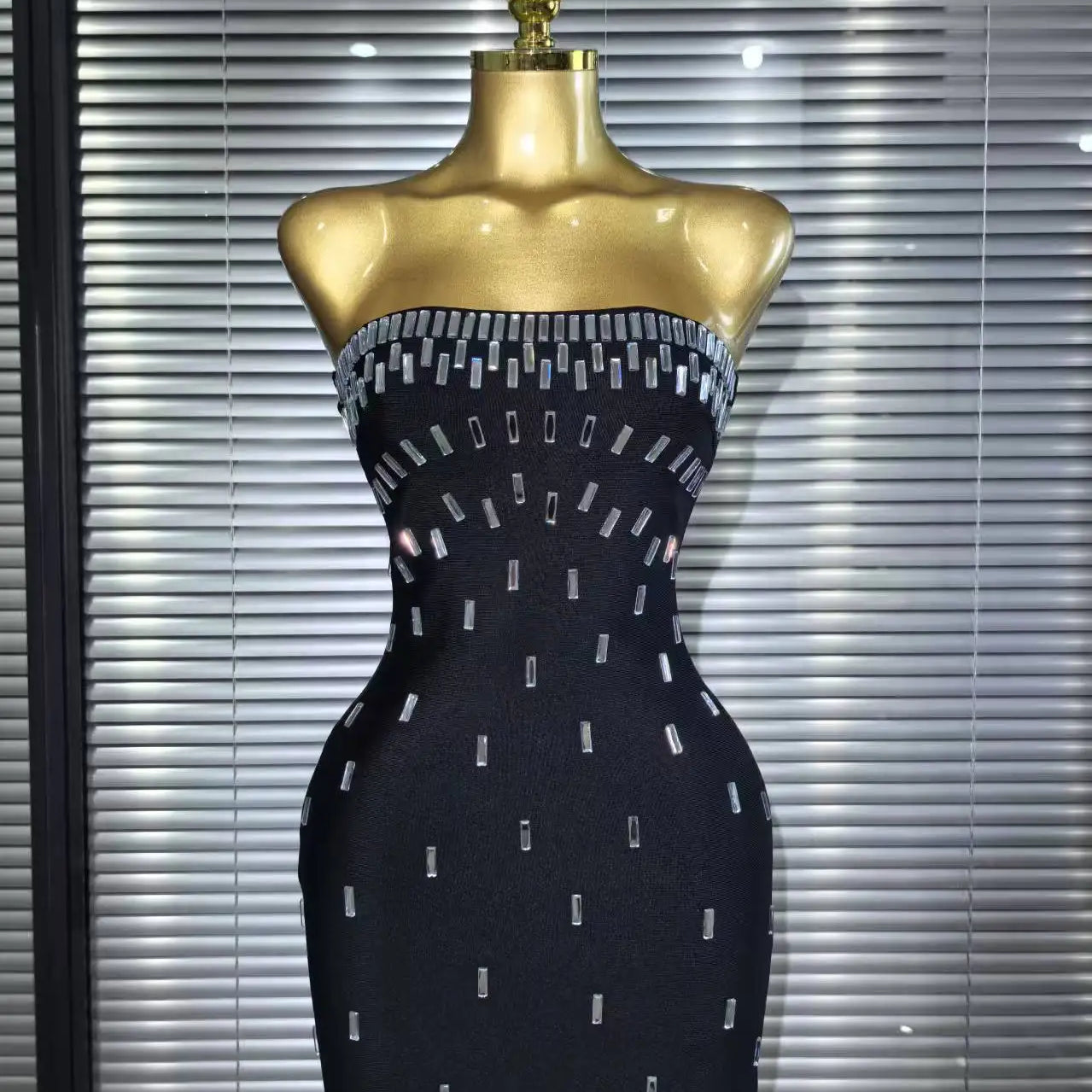 Black Color Women Sexy Strapless Shinning Crystal Bodycon Mini Bandage Dress Celebrate Nightclub Party Cocktail Outfit black