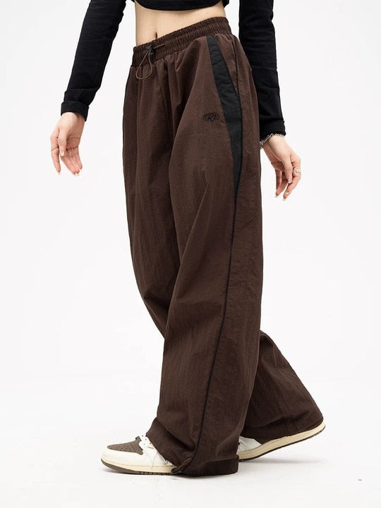 Women Spring Retro Solid Loose Drawstring Trousers Casual Joggers Baggy Wide Leg Sweatpants Mid Waist Sporty Y2k Female Clothes brown