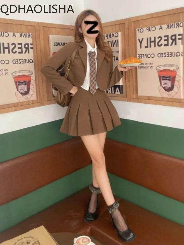 女性のためのセット 3 個秋エレガントなカーディガンスーツコートシャツプリーツスカートセットスクールヴィンテージカジュアル高級韓国ファッション