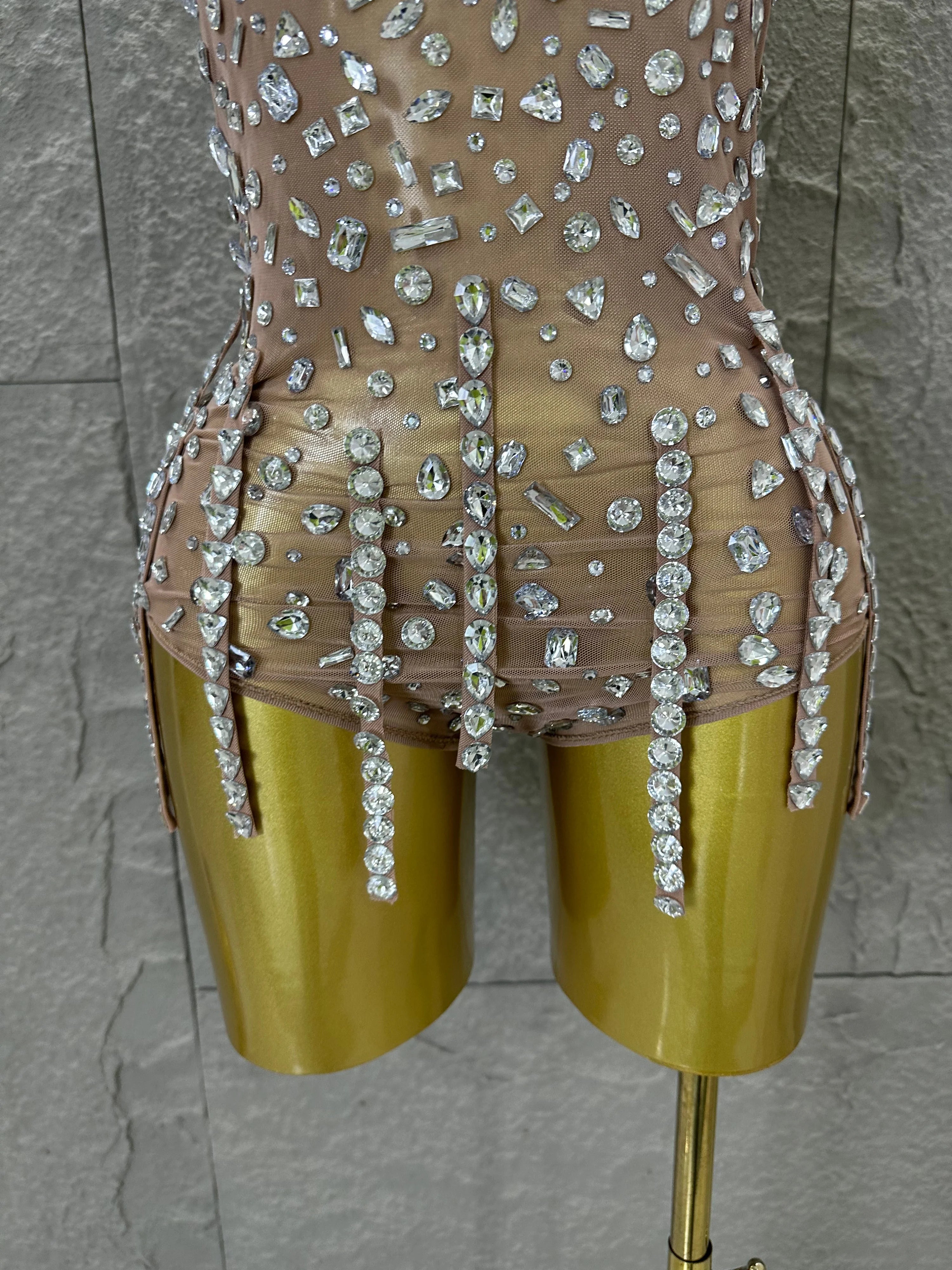 Pink Nude Sleeveless Bodysuit Women Sheer Mesh Crystal Rhinestone Embellished Formal Event Performance Costume