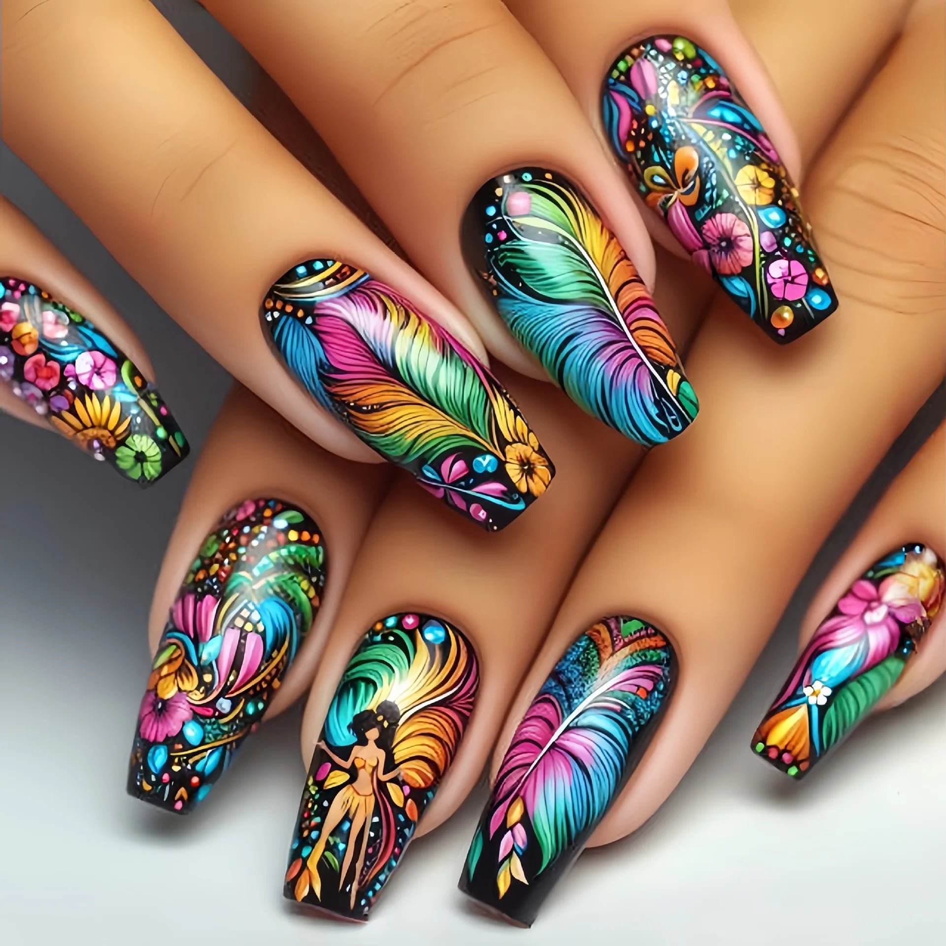 24pcs/set medium long fake nails fashion butterfly feather forest sea wave design gradient blue purple green press on false nail 1778