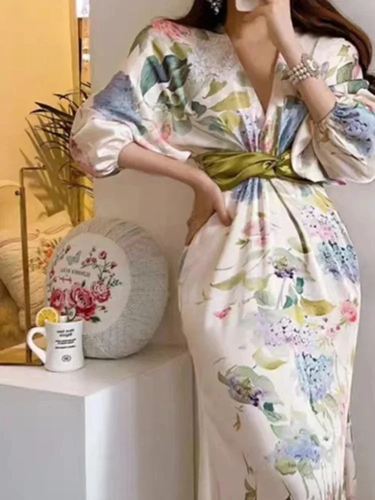 Women Elegant Floral Midi Dress Spring Vintage Japan Style Chic Bodycon Birthday Party Vestidos Female Fashion One Pieces Robe