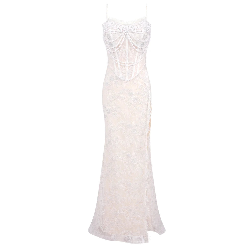 Pearls Embellished Mermaid Long Dres Spagetiee Straps Side Split Lace Appliques Sleeveless Party Evening Bridal Wedding Gown WHITE