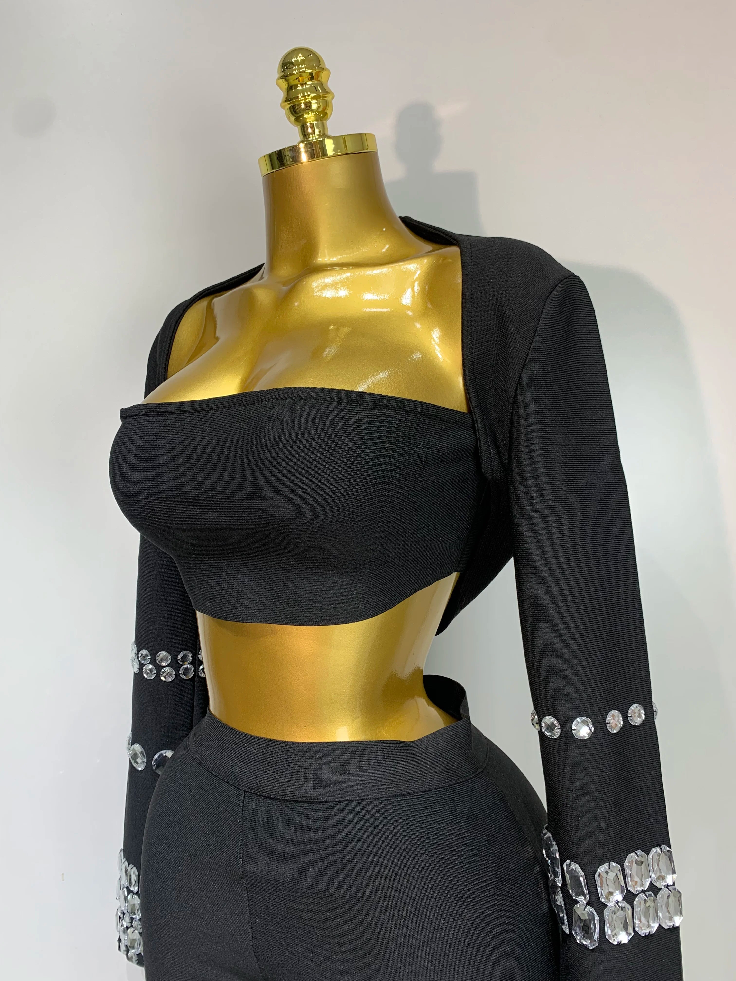 Women Celebrity Sexy Long Sleeve Beading Black Bodycon Bandage Three Piece Set Elegant Evening Club Party Birthday Outfits