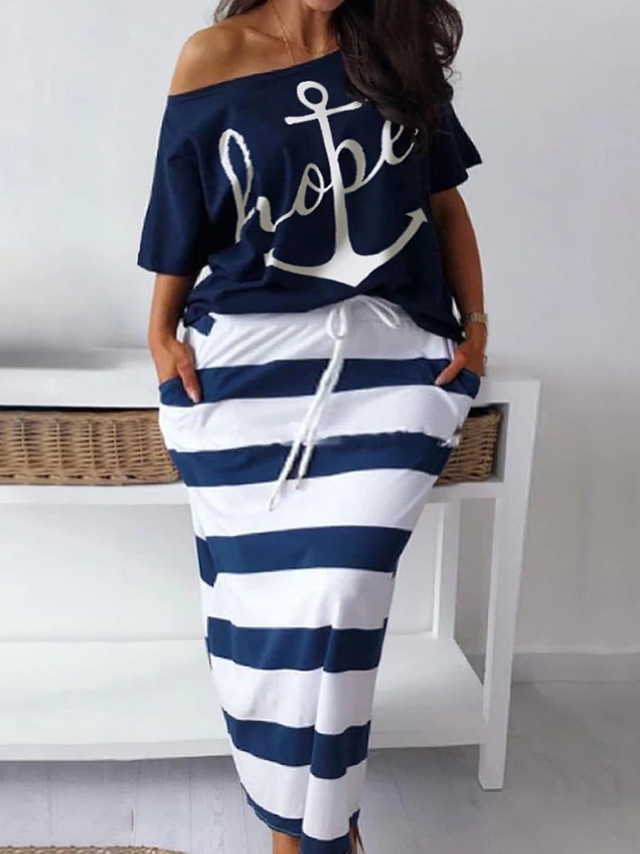 LW Plus Size matching sets Two Piece dress sets Letter Print Striped Skirt Set Fashion Casual Summer Tops+Bottoms Matching Outfi Beige