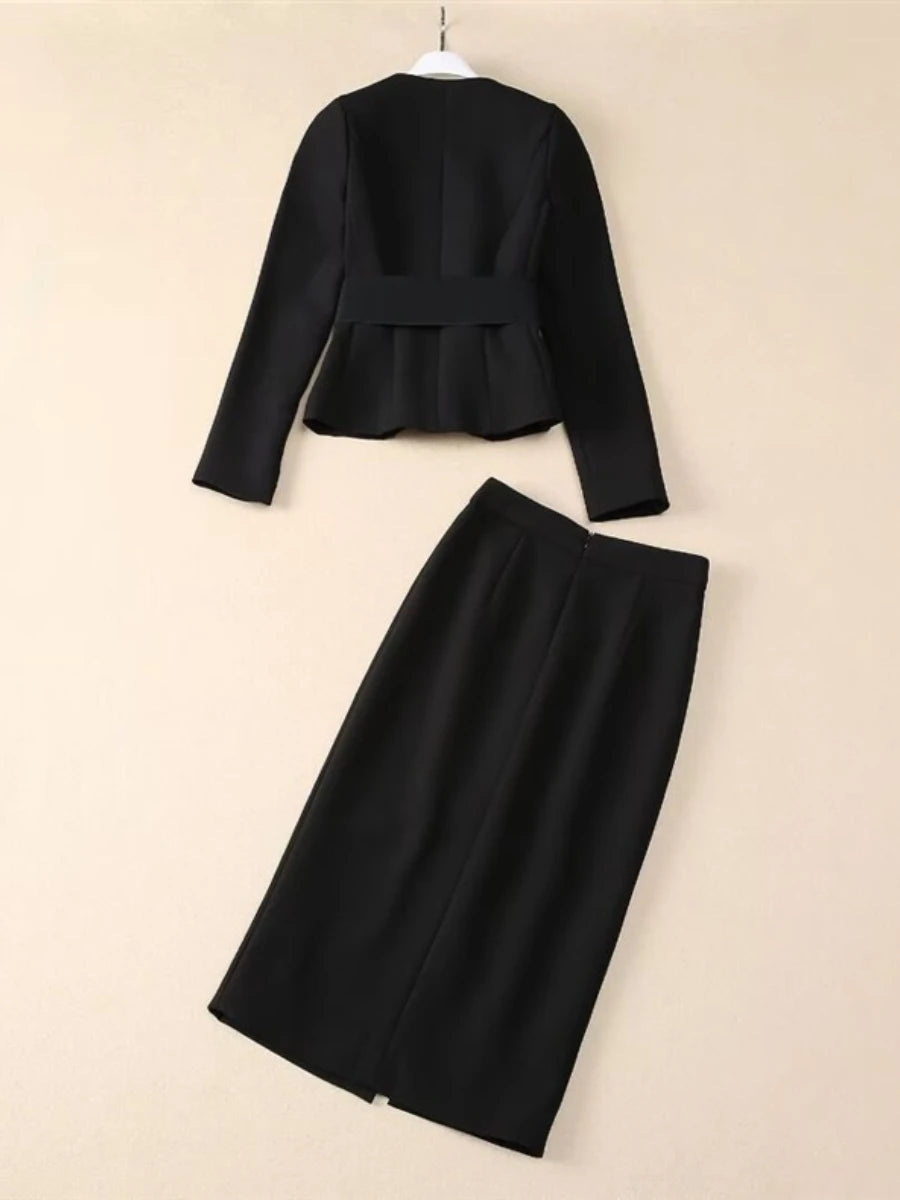 Solid Spliced Appliques Two Piece Sets for Women V Neck Long Sleeve Top High Waist Split Skirts Elegant Set Female