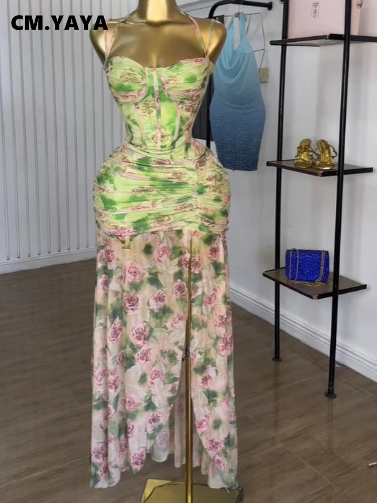 Women Sleeveless Floral Print Strap Stacked Ruched High Split Tunic Maxi Long Dress 2025 Birthday Vacation Beach Dresses