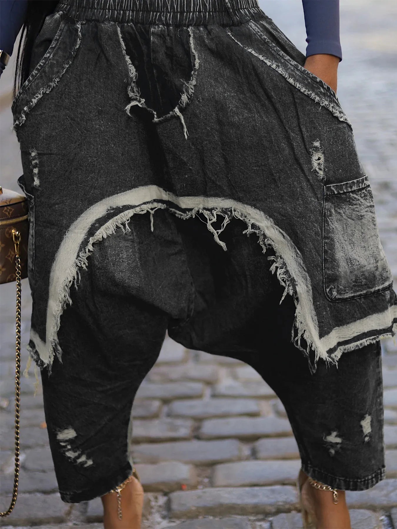 Women Streetwear Ripped Out Hole Denim Pants 2025 Fall Autumn Loose Safari Style Cargo Harem Hip Hop Jeans black