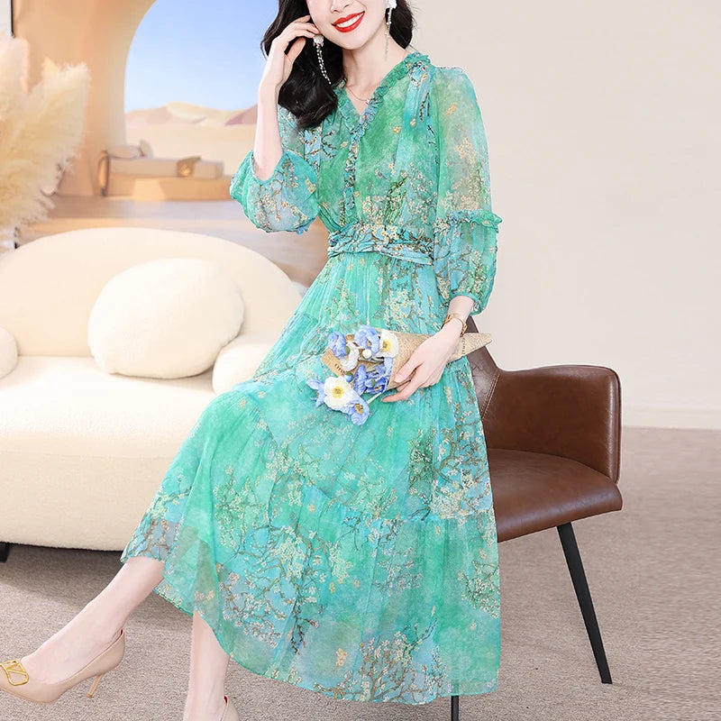 EVNISI Summer Women Boho Chiffon Dress V-Neck Red Elegant Office Floral Printing A-line Dresses Chic For Women Party Vestido GREEN
