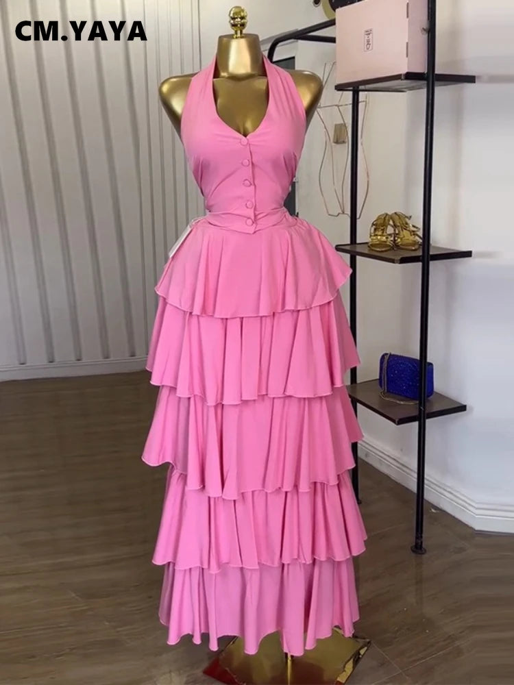 CM.YAYA Women's Dress Set Sleeveless Vest Tops and Pleated Tiered Skirts Suit Elegant Holiday Birthday Two 2 Piece Set Outfits