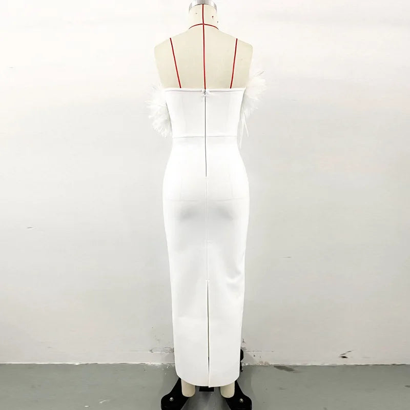 Hot Sale Women Sexy Strapless Feathers Bodycon Long Bandage Dress Fashion Celebrate Evening Party Birthday Outfit Wholesale