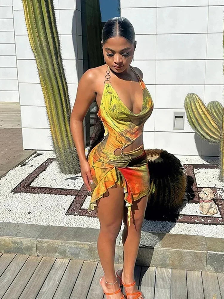 Sexy Printed Tie-dye Hollow Out Mini Dress Fashion Sleeveless Curling Edge Slim Fit Gown New Female Cocktail Party Vestidos 2025