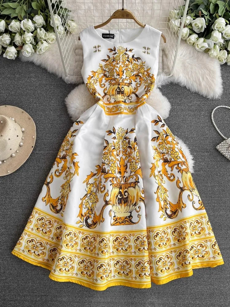 Summer Vintage Blue And White Porcelain Dresses Women's Sleeveless O Neck Tank Flower Print Vest Midi Long Party Vestidos yellow
