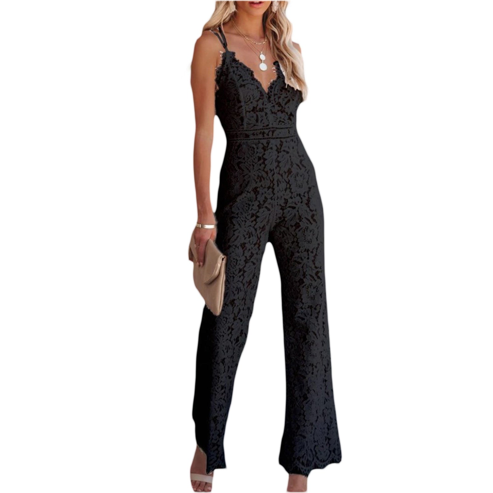 Sexy Lace Floral Jumpsuit Summer V Neck Solid Color Sleeveless Backless Bodycon Long Romper Playsuit Party Clubwear Black