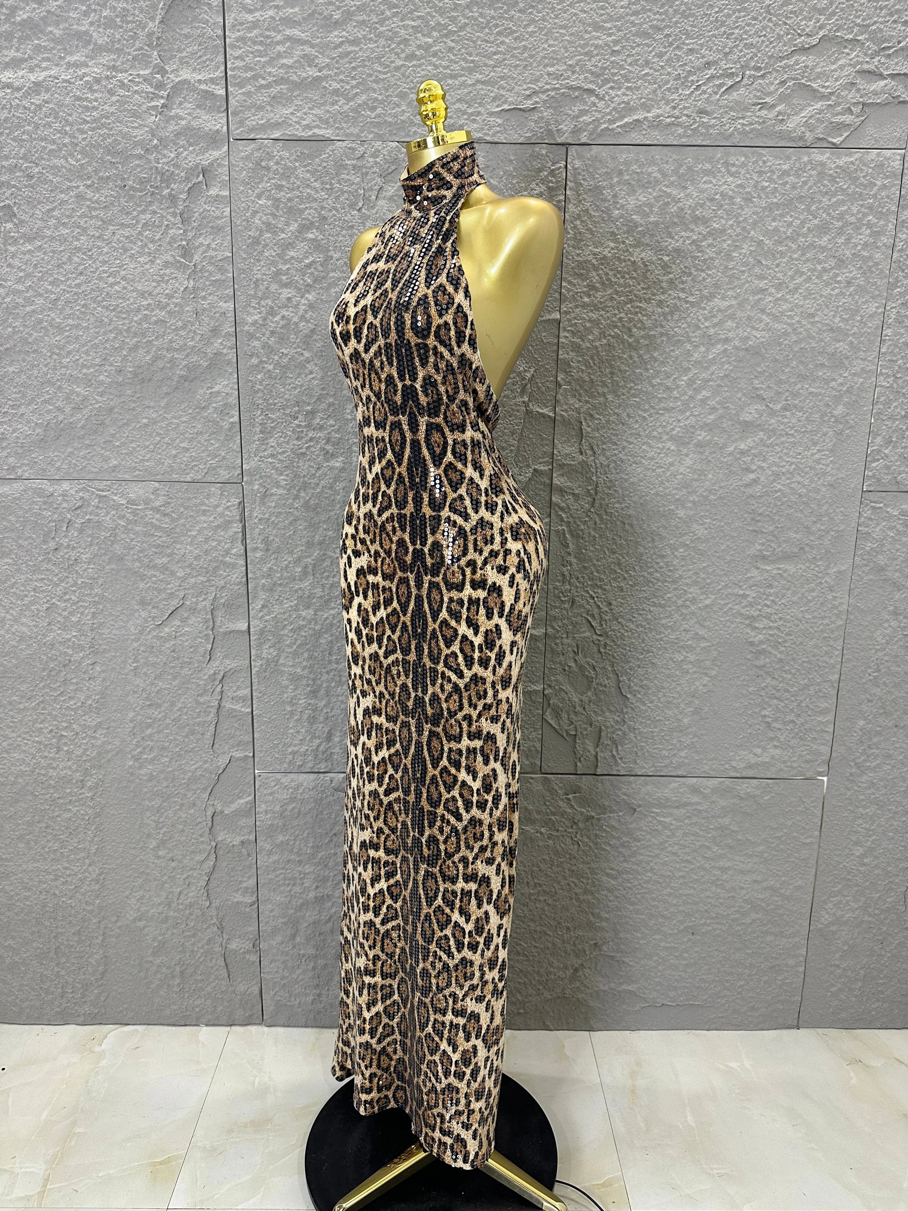 Refined Leopard Print Maxi Dress Women Sexy Halter Neck Sleeveless Sequin Embellished Bodycon Outfit Nightclub Party Costume