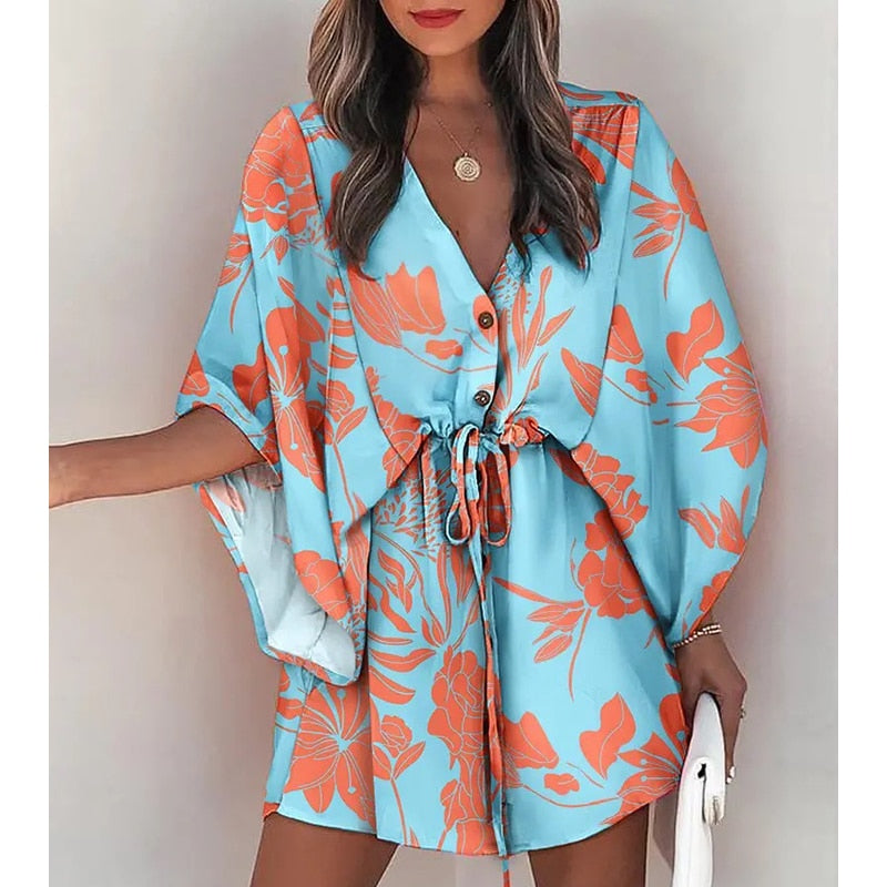 Summer Boho Mini Dress - Flora Print Batwing Sleeve Lace-Up V Neck Loose Button Dresses Ladies Beach Party Dress Vestido style6