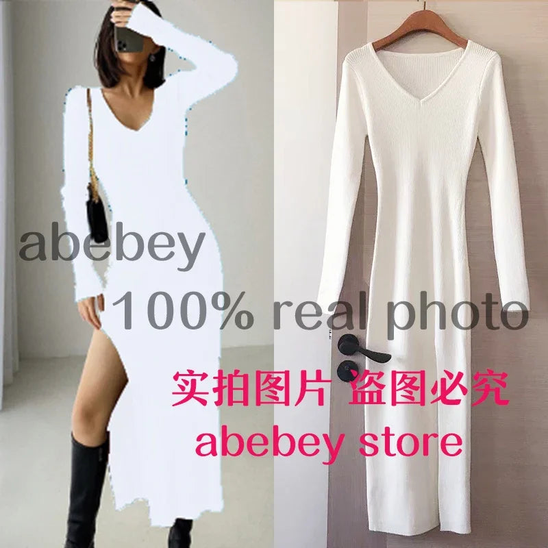 spring and winter sexy French slit sweater dress female slim tight-fitting hip-knit over-the-knee dresses WHITE