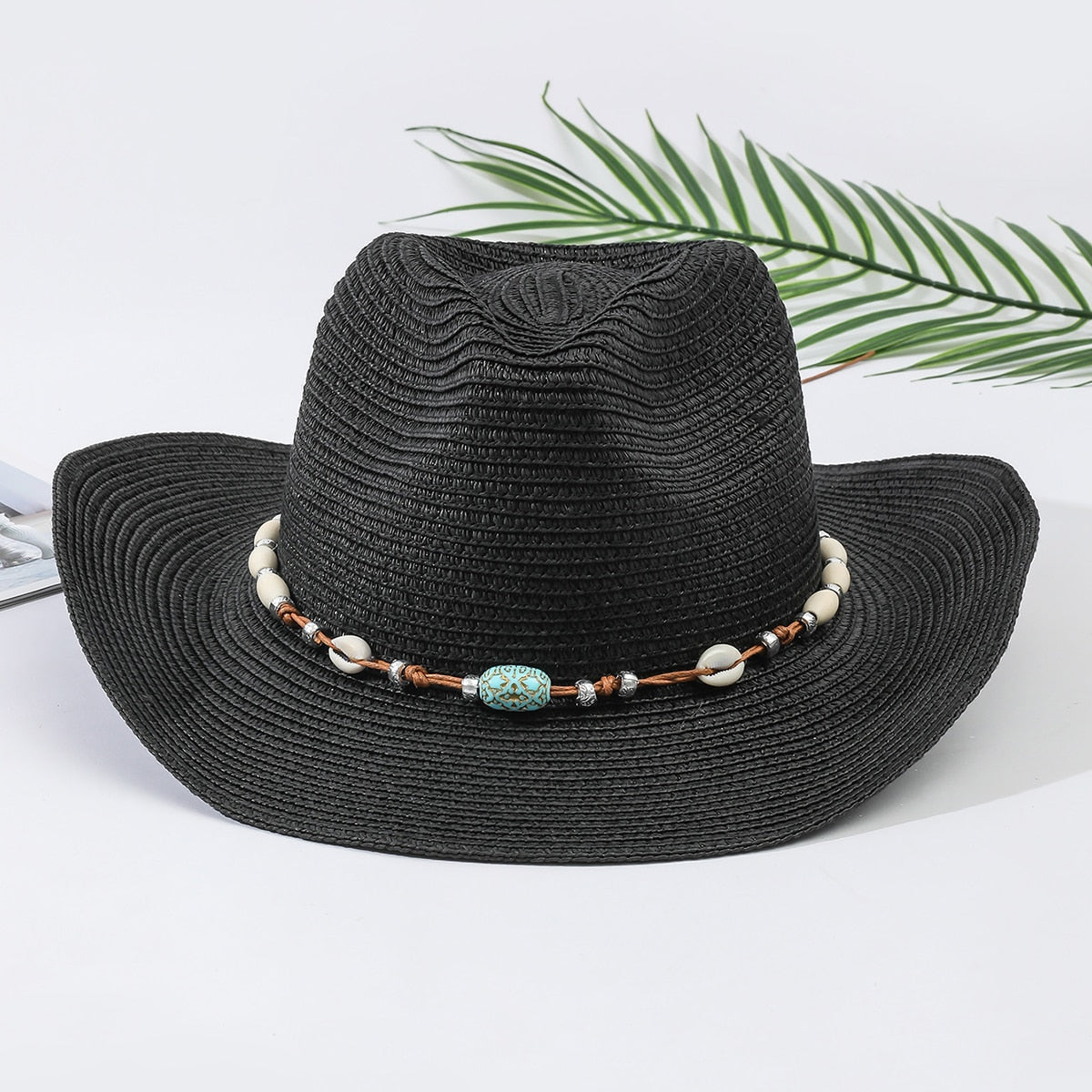 Wholesale Women Pink Tassel Cowboy Hat Floppy Beach Hats Summer Straw Hats Ladies UV Protection Hat Panama Sun Hat black 3