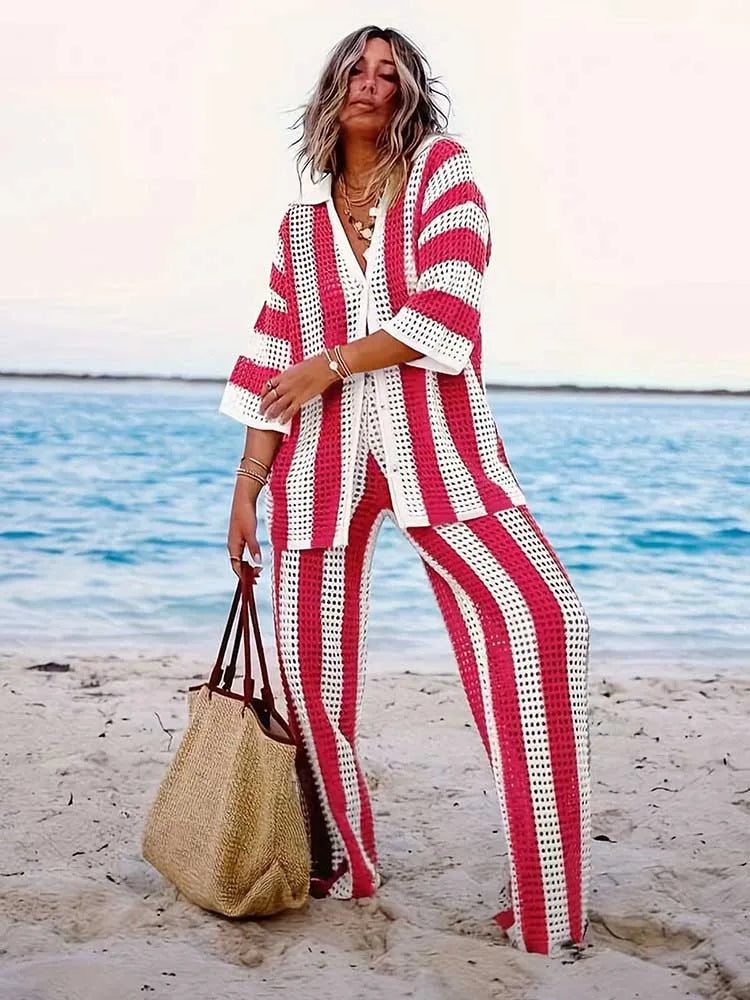 Summer Outfits for Women Vacation Hollow Out Sweater Shirt and Trouser Lady Casual Sexy Plus Size Sets 2 Piece Pants Sets Wide