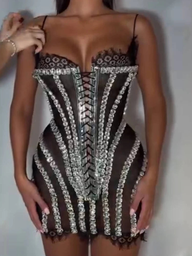 Glamorous Black Lace Adorned Strappy Corset Mini Dress with Sparkling Crystals Evening Gown