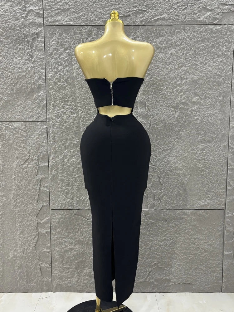 Black Color Women Shinning Diamond Flowers Sexy 2 Pieces Bodycon Long Bandage Dress Nightclub Party Celebrate Birthday Outfit
