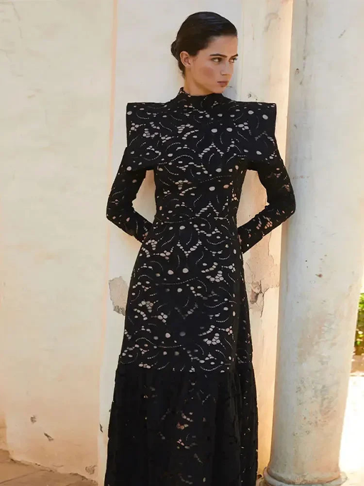 Elegant Hollowed Lace Maxi White Dress Women Fashion Mock Neck Long Sleeved Shoulder Padded Robes 2024 Evening Women's Clothing