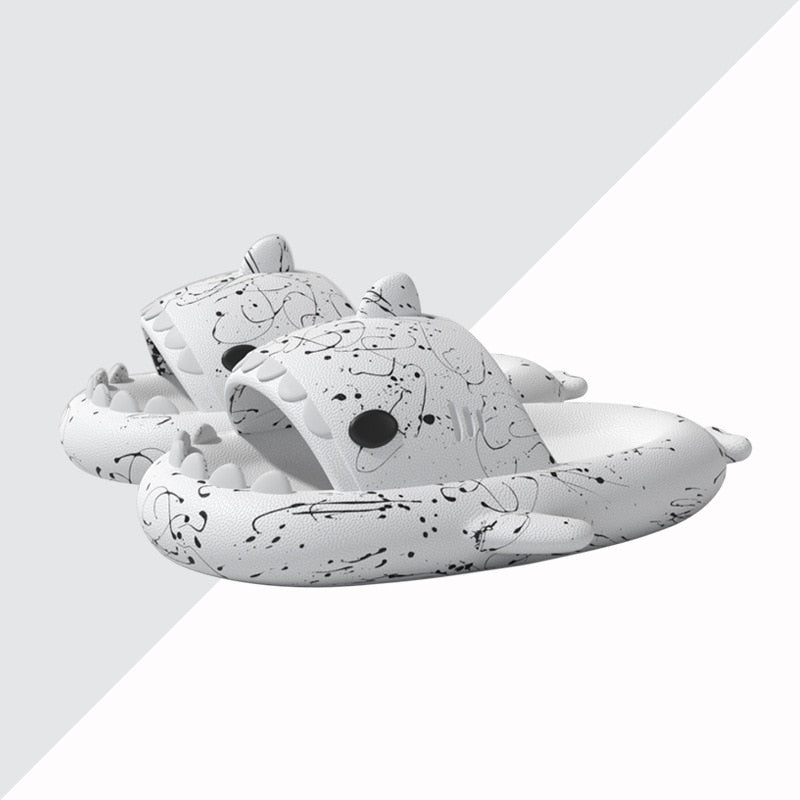 Summer Shark Slides For Women Men New Fashion Slippers Home Couple Thick Soled Non-slip Sandals Outdoor Beach Flip Flops Line White2