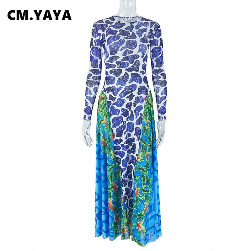 CM.YAYA Women 3D Printed O-neck A-line Mesh Long Sleeve Maxi Long Dress 2025 Summer Fashion Birthday Vacation Sexy Party Dresses