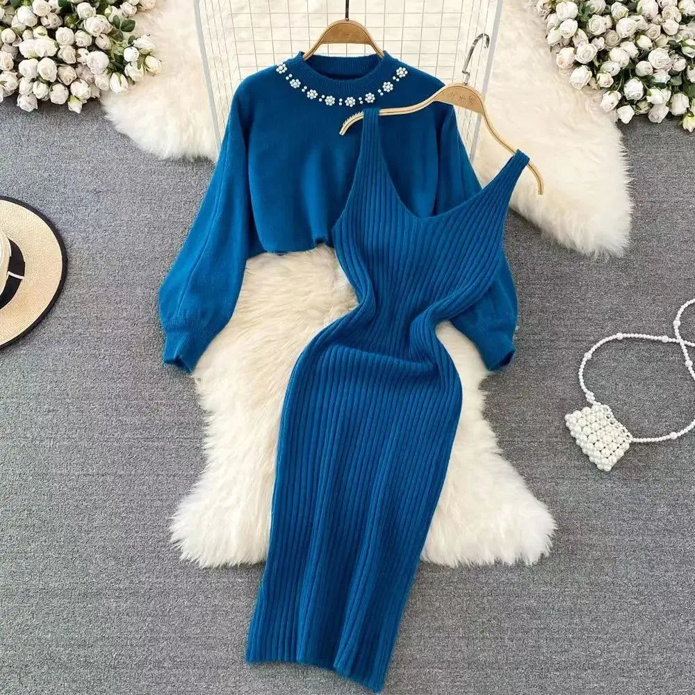 Women Sweater Midi Dress Set Casual Pullovers Suits Autumn Winter O-neck Long Sleeve Knitted Solid Slim Elegance Tops Elastic C Blue