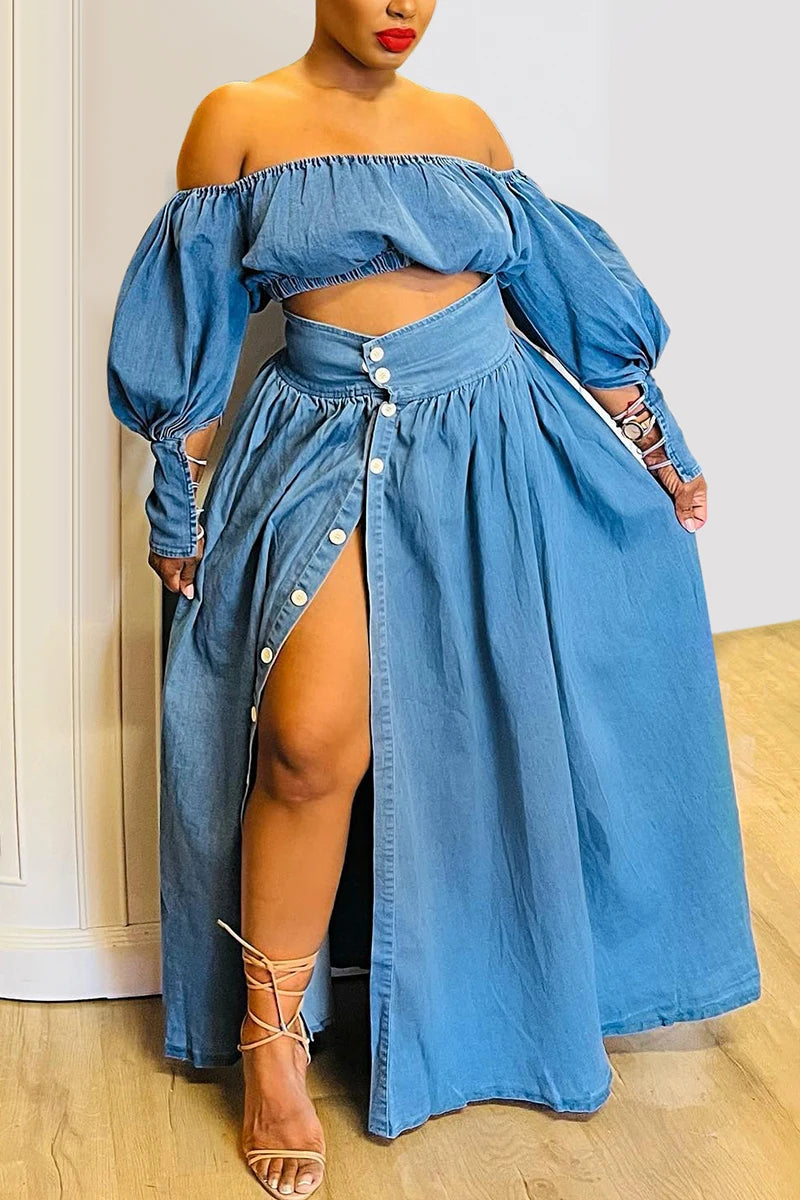 Women Denim Two Piece Set Plus Size Split Hem Off the Shoulder Elegant Puff Sleeve Elastic Top and High Waist Skirt Set Outfits Blue