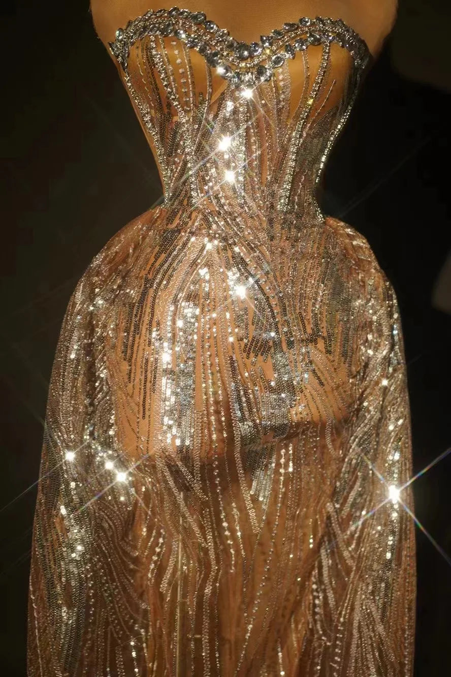 2024 Silver Sparkly Crystal Women Strapless Laced-up 2 Pieces Long Dress Celebrate Birthday Photo Shoot Performance