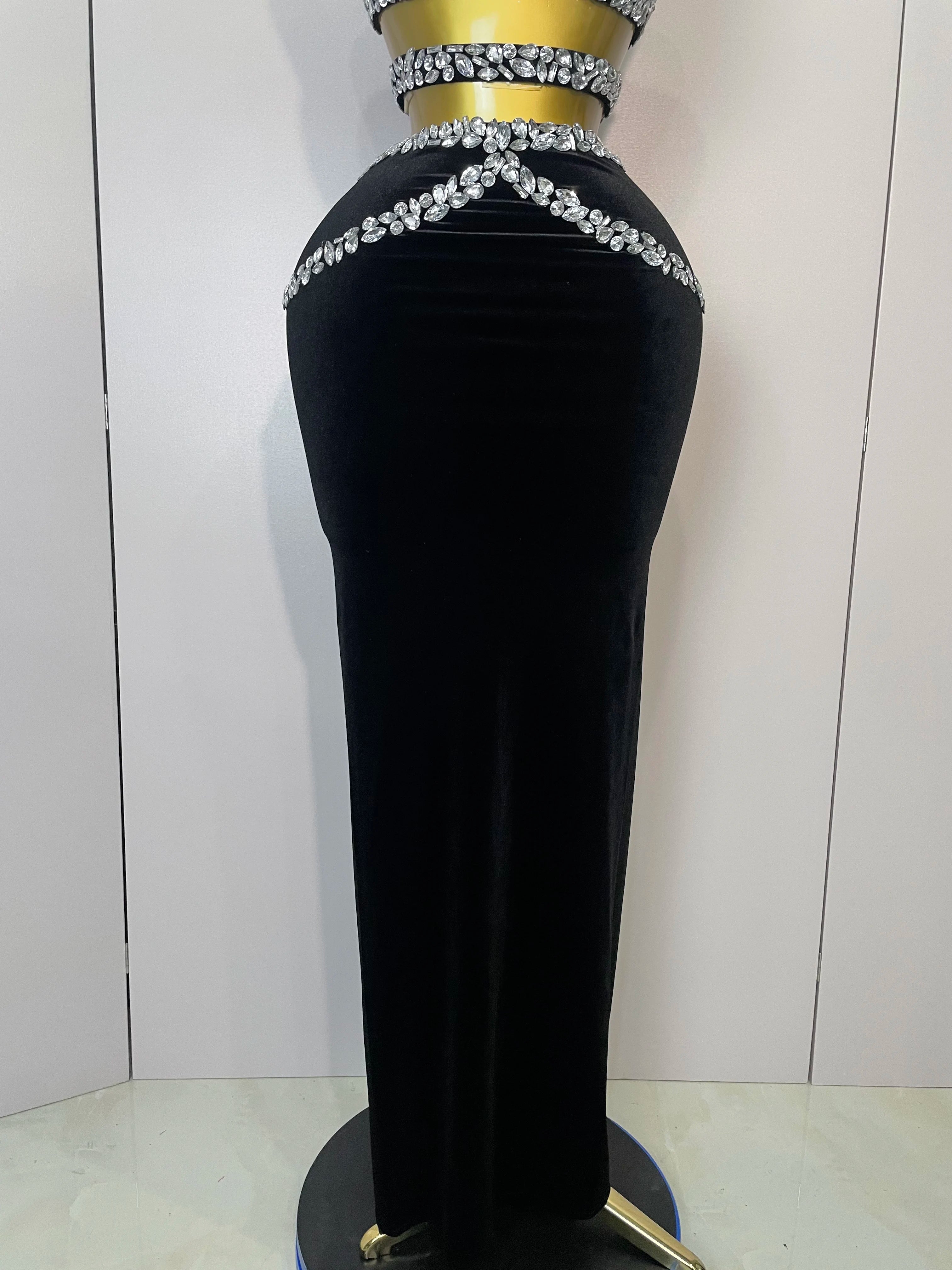 STOCK 2025 Women Sparkly Rhinestone Two-piece Set Sexy Velvet Singer Nightclub Outfit Celebrate Birthday Elegant Party Dresses