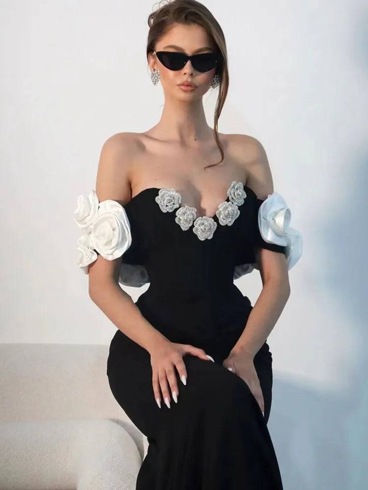 Women Celebrity Summer Sexy Off Shoulder Black Flower Maxi Long Bodycon Bandage Dress Elegant Evening Club Party Outfit black