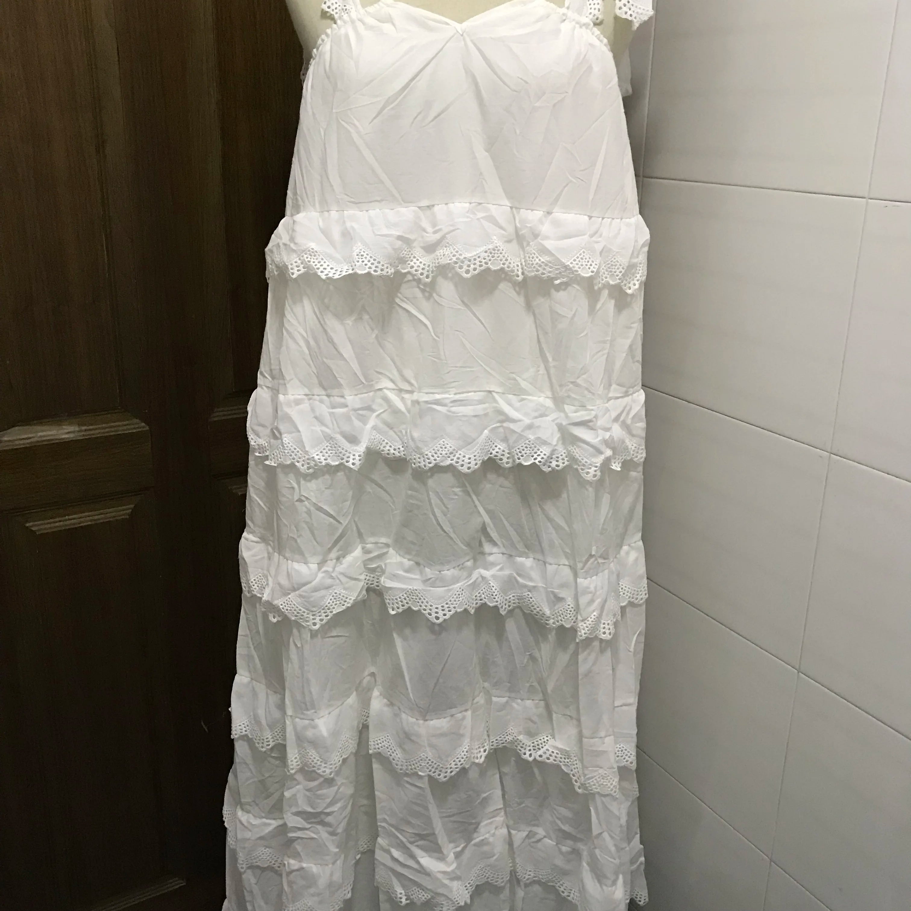 BOHO Stitching Lace Ruffles Tide Bow Spaghetti Strap Dress Ethnic Woman Slash Collar Long Big Swing Cake Dresses Holiay Robe