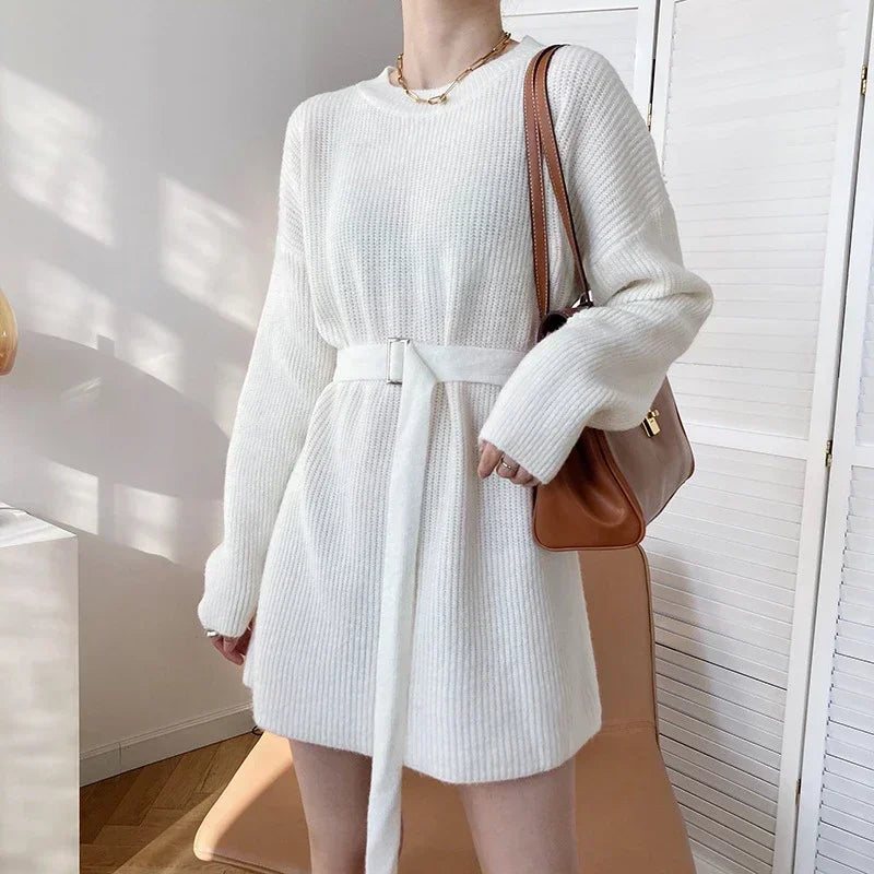 Autumn Winter Women's Long Sweater Dress with Blet Thick O Neck Knitted Pullovers Lady Korea Fashion Oversize Sweater Women WHITE One Size