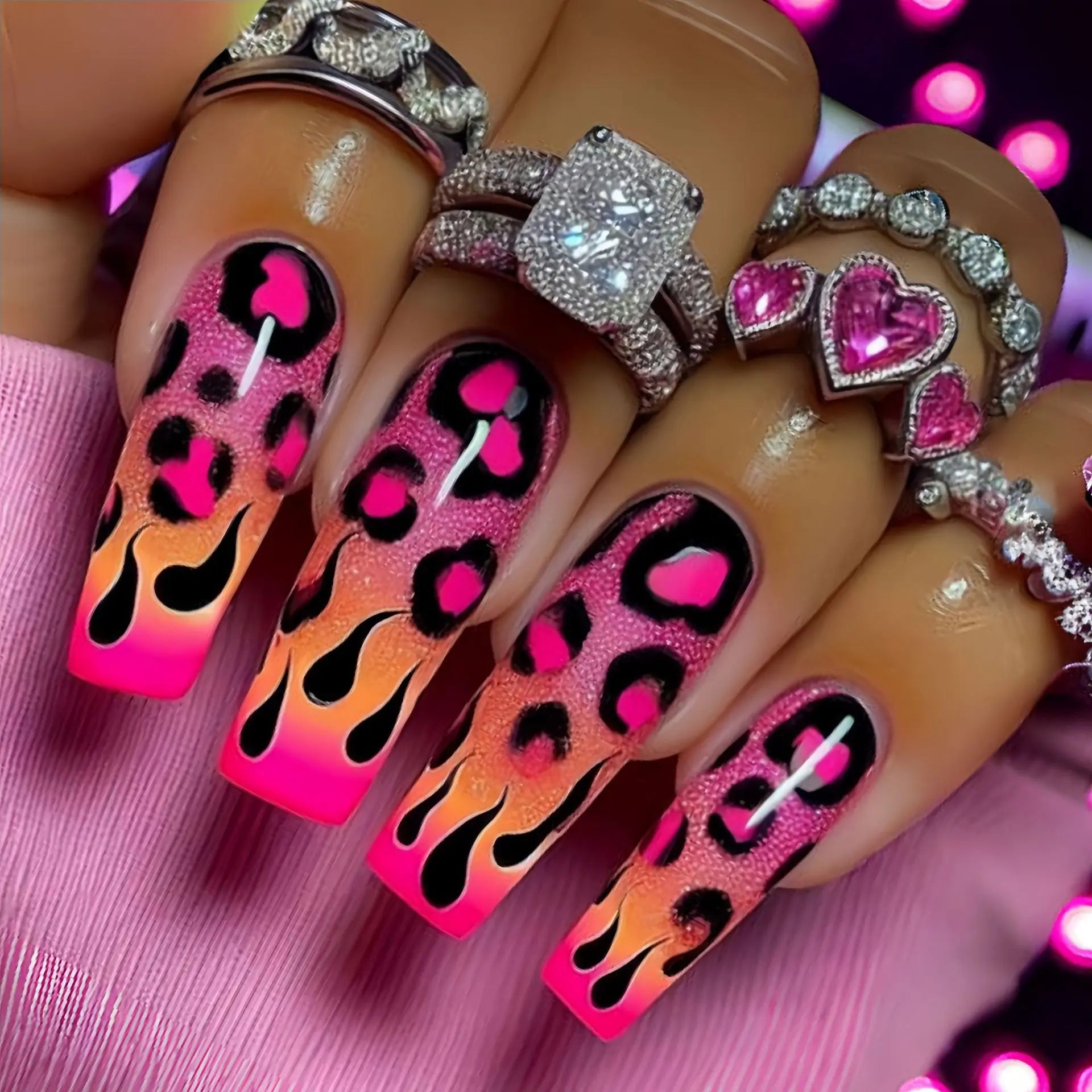 Medium long fake nails for women girls Y2K colorful gradient leopard print Pink green coffee coffin tips press on false nail set 2278