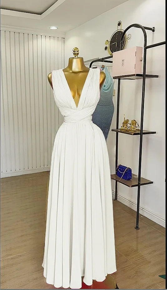 CM.YAYA Women Sleeveless Cutout Back Wrap V-neck Pleated A-line Chiffon Maxi Long Dress Birthday Vacation Sexy Party Dresses