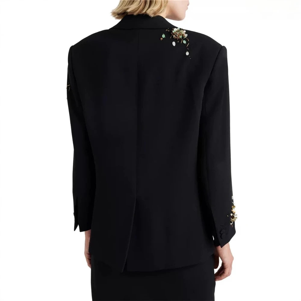 Spliced Bead Two Piece Sets for Women Lapel Long Sleeve Patchwork Single Breasted Top High Waist Skirt Set Female