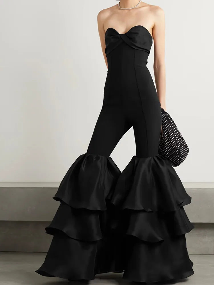 Chic Women Luxury Sexy Strapless Ruffles Bodycon Flare Black Bandage Jumpsuit 2023 Celebrity Designer High Street Rompers black