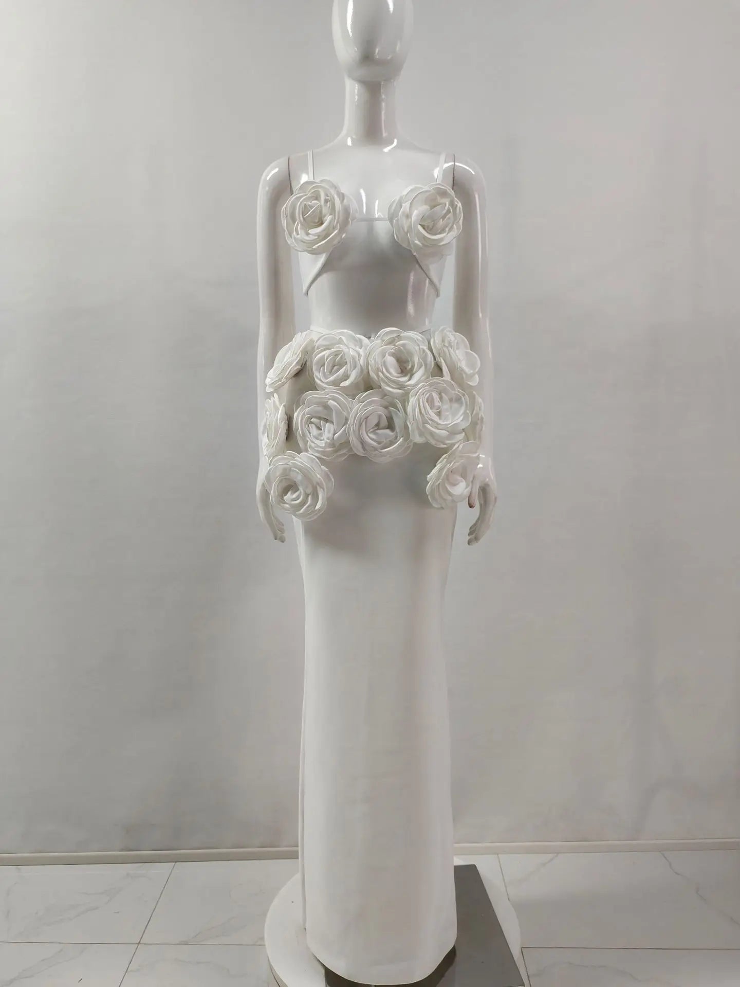 Black White Color Women Sexy Sleeveless V-Neck Bodycon 2 Pieces Bandage Long Dress Florals Celebrate Nightclub Party Outfit WHITE