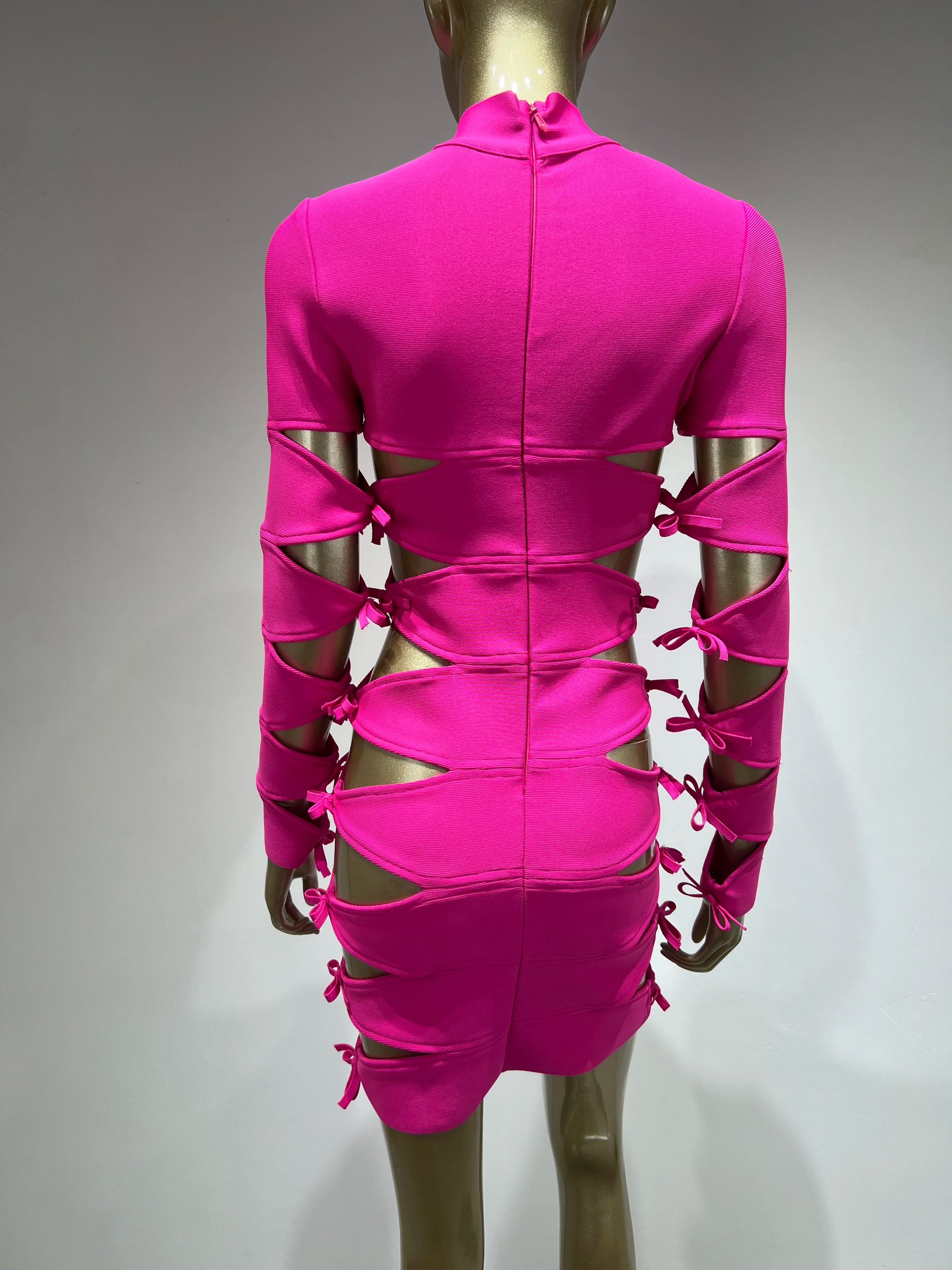 Autumn Fashion Women Sexy Long Sleeve Hollow Out Pink Bow Tie Mini Bandage Dress 2023 Elegant Evening Club Party Dress