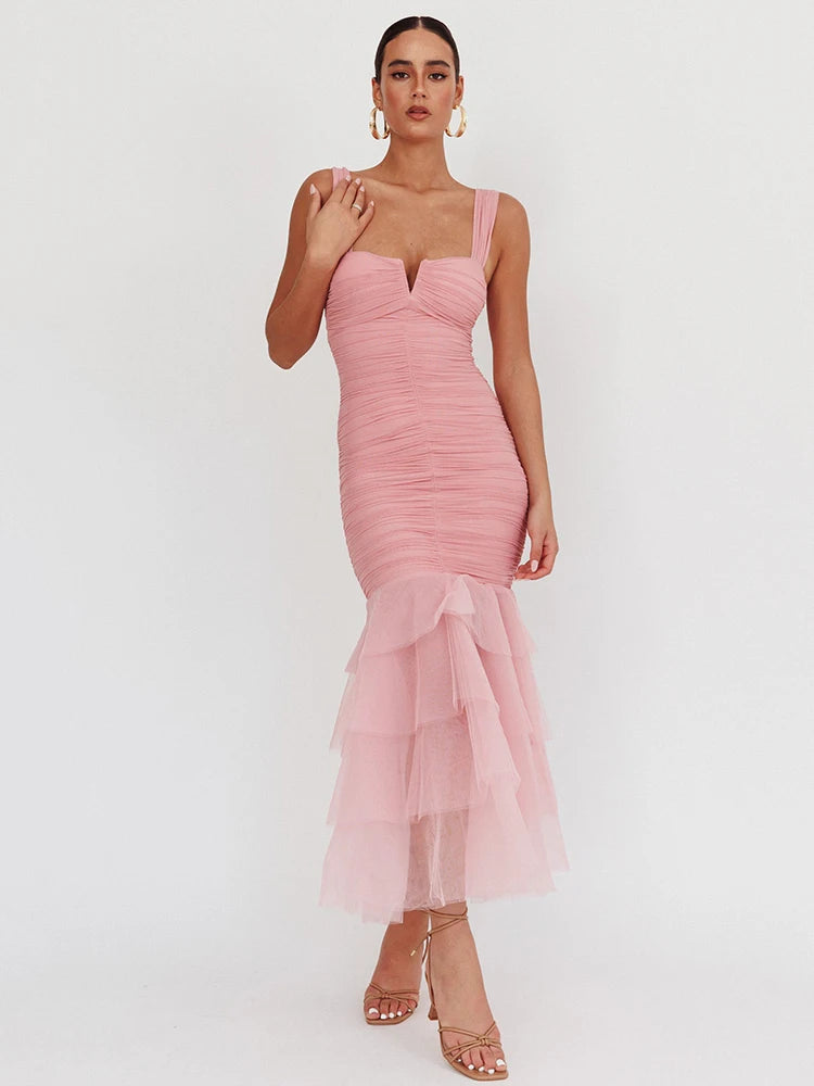 Mesh Backless Sexy Maxi Dress For Women Gown Two Layer Spaghetti Strap Sleeveless Ruched Bodycon Club Party Dress Pink