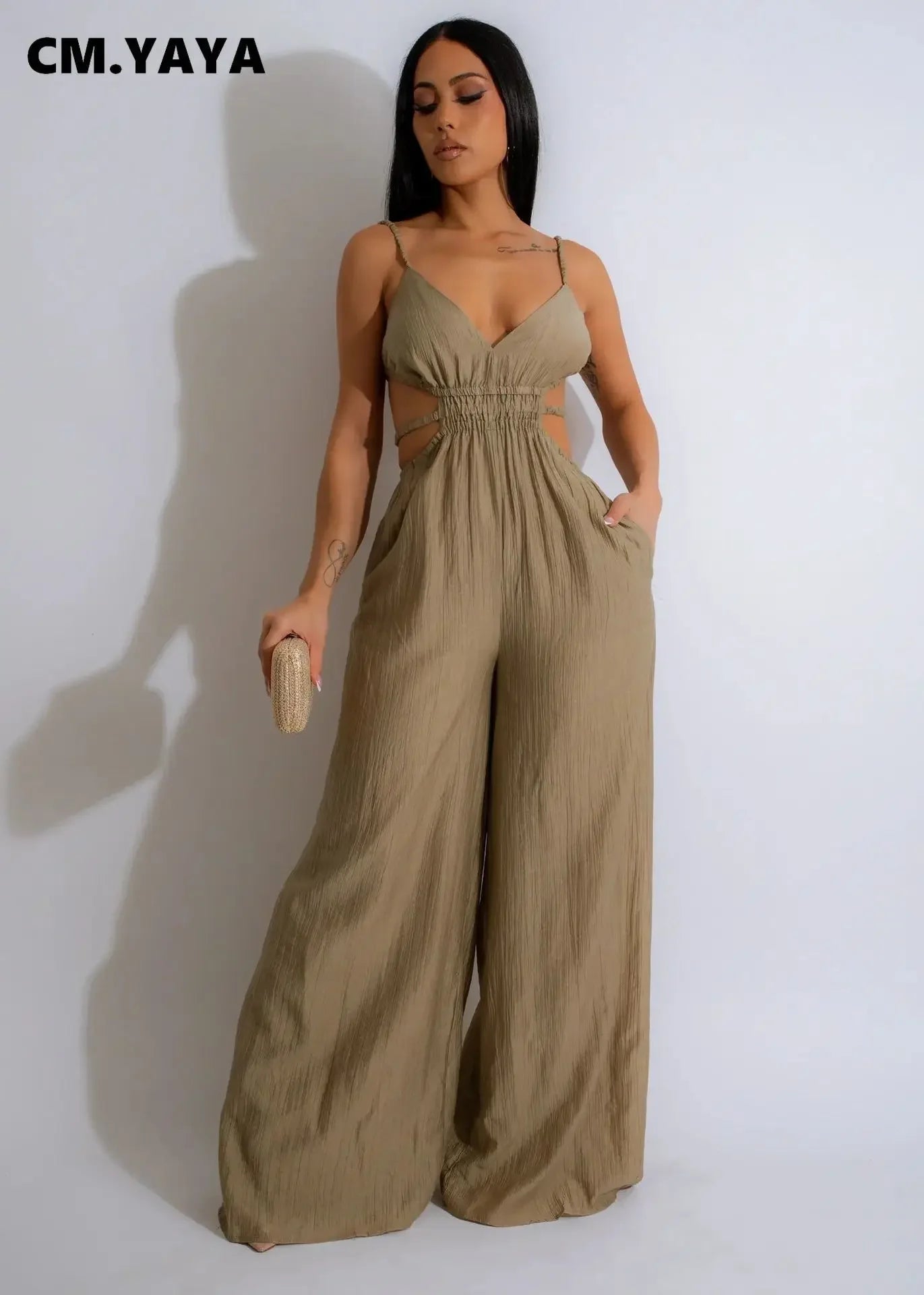 Women Sleeveless Strap V-neck Backless Wide Leg Long Jumpsuits 2025 Summer Beach Night Club Street Sexy Outfit Rompers